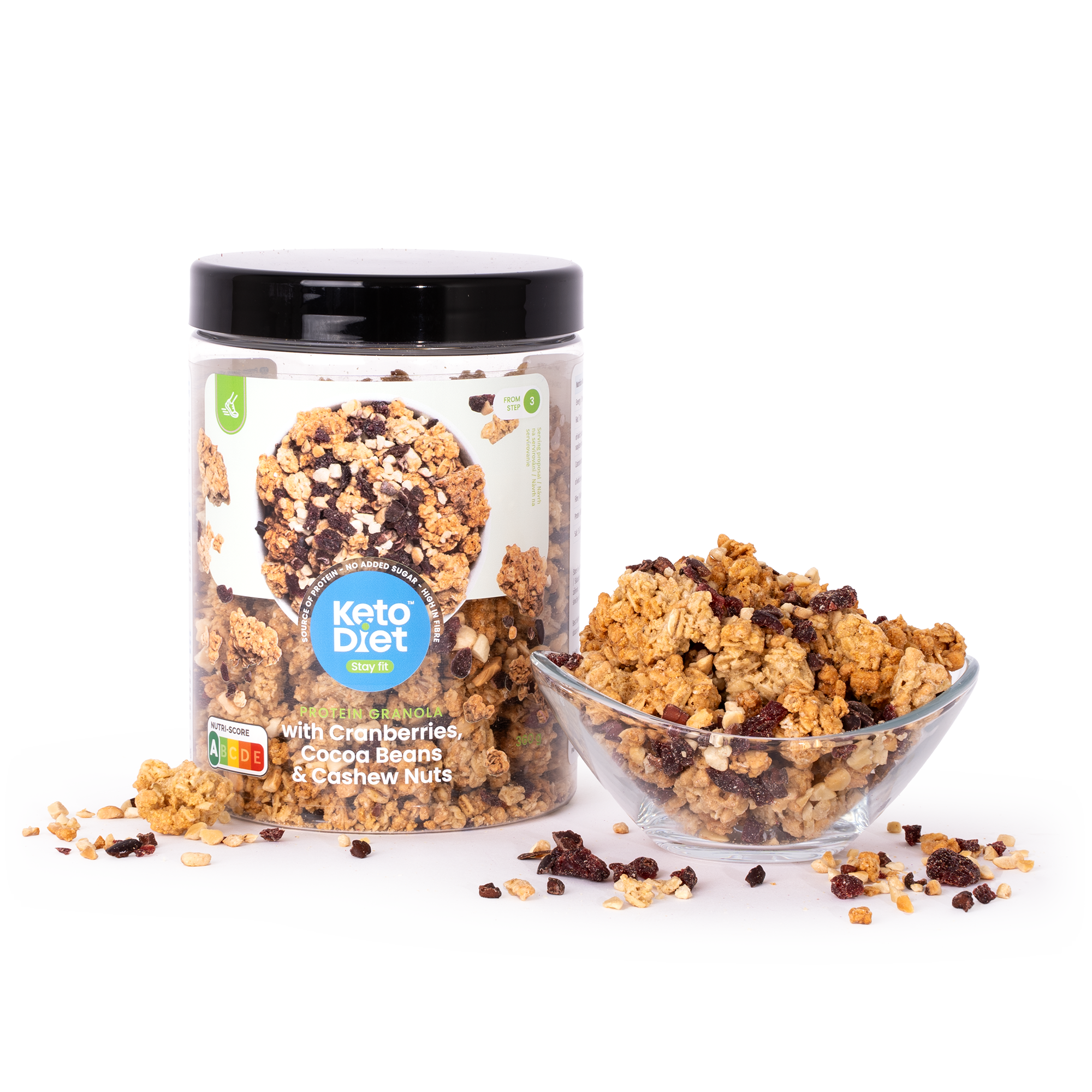 KetoDiet Proteinová granola – s brusinkami, kakaovými boby a kešu ořechy (360 g)