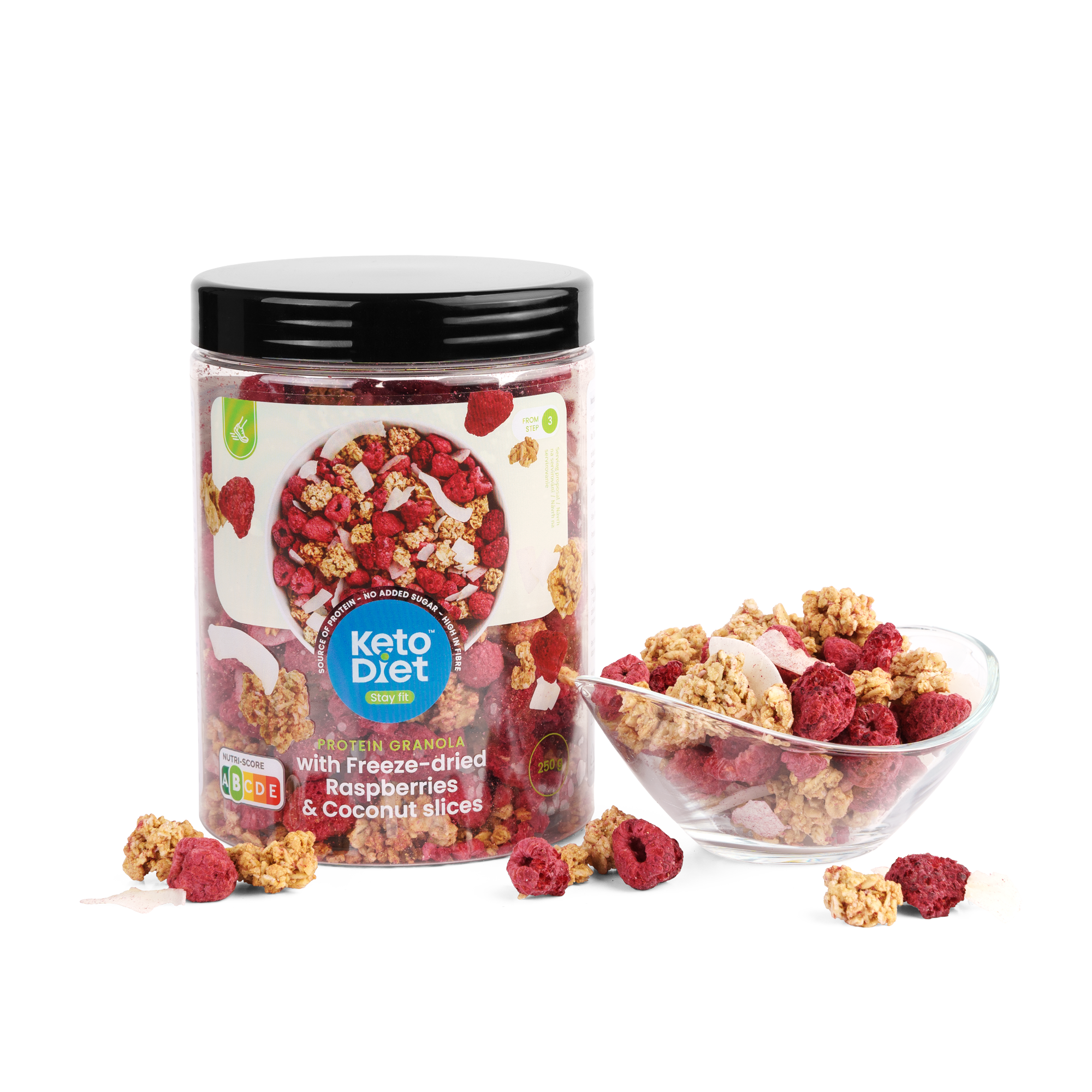 KetoDiet Proteinová granola – s lyofilizovanými malinami a plátky kokosu (250 g)