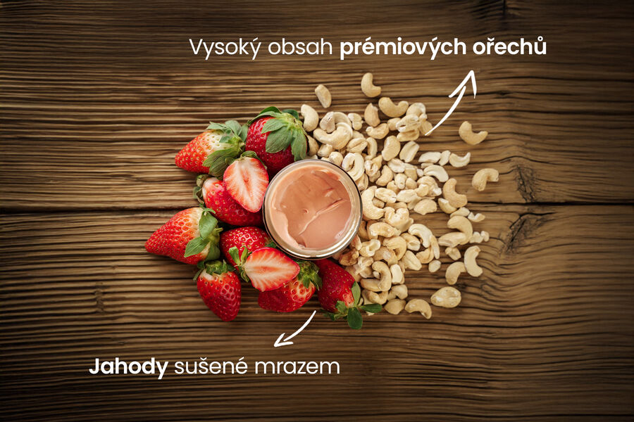 Proteinový krém s kešu a lyofilizovanými jahodami