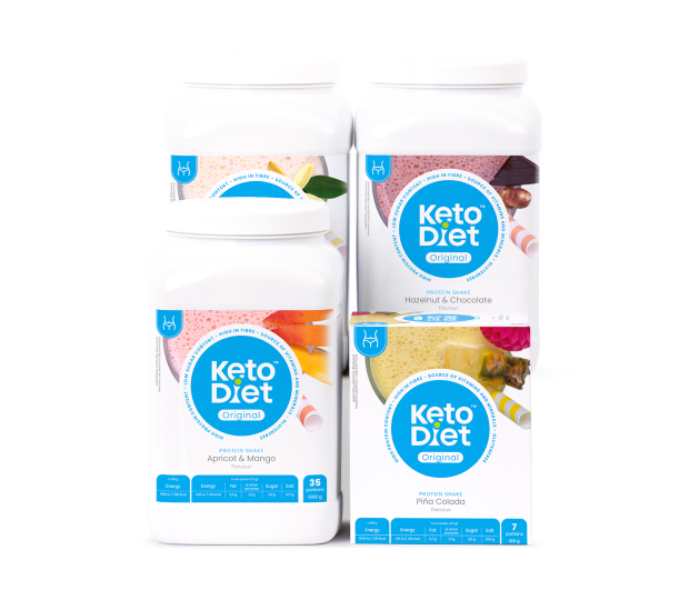 Dietní nápojový balíček INTENSE 2. krok od KetoDiet obsahuje proteinové nápoje v příchutích vanilka, meruňka-mango, lískový oříšek-čokoláda a Piňa Colada.