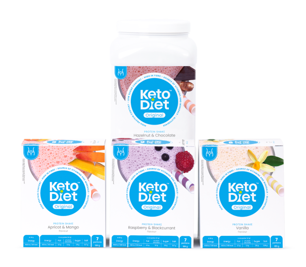 Dietní nápojový balíček BASIC 2. krok od KetoDiet obsahuje proteinové nápoje v příchutích meruňka-mango, malina-černý rybíz, vanilka a lískový oříšek-čokoláda.