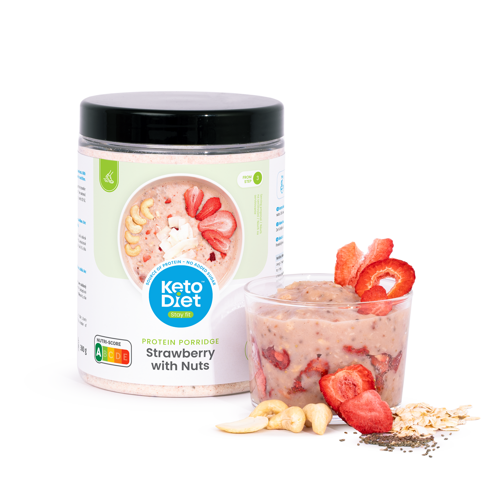 Proteinová kaše – jahodová s ořechy a březovým cukrem (300 g)