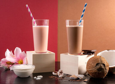 Nové proteínové nápoje s príchuťami višňa a jogurt; čokoláda a kokos