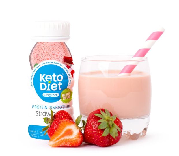 Proteínové smoothie KetoDiet jahoda s minimom cukru zaženie smäd aj zasýti.