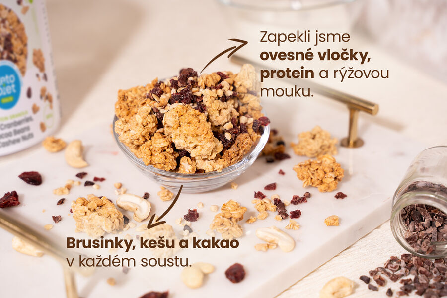 Proteinová granola bez cukru – s brusinkami, kakaovými boby a kešu ořechy