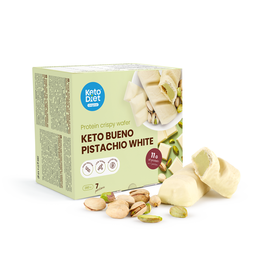 Keto Bueno Pistachio White – chrumkavé oblátky