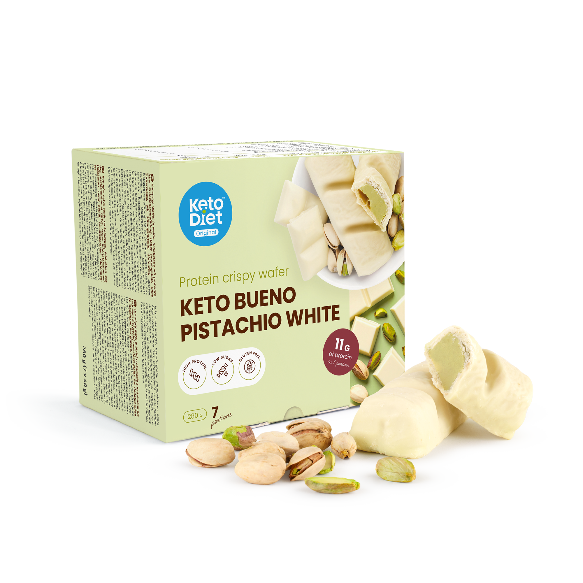 Keto Bueno Pistachio White – křupavé oplatky (7 porcí)